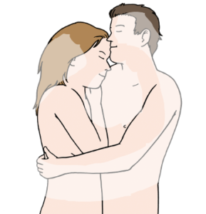 Zwei nackte Personen mit geschlossenen Augen liegen sich in den Armen.