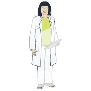 Eine asiatisch gelesene Frau in weißem Kittel. In der Hand hält sie einen Block.