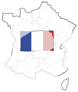 Umriss von Frankreich. In der Mitte ist die französische Flagge.