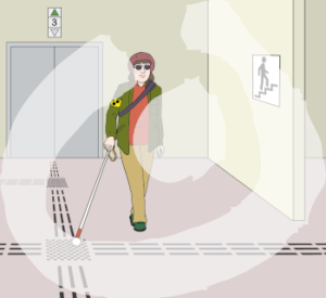 Eine Person mit einem Leitstock geht durch einen Flur. Auf dem Boden ist ein taktiles Leitsystem.