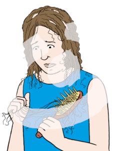 Eine traurige Person mit kahlen Stellen auf dem Kopf guckt auf ihre Haarbürste. In der Hand hält sie einen Büschel Haare.