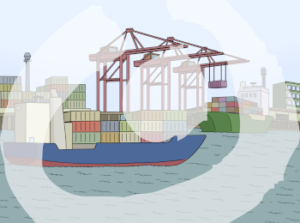 Containerschiffe auf dem Wasser. Im Hintergrund Kräne und weitere Container.