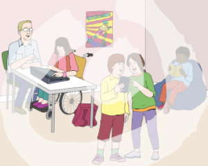 Eine Person sitzt mit einem Kind an einem Tisch und zeigt auf ein Tablet. Ein anderes Kind sitzt auf einem Sessel und liest. Zwei Kinder gucken gemeinsam auf ein Handy.