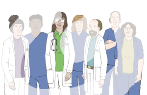 Vier Menschen in blauer Pflegeuniform. Drei Menschen mit weißen Kitteln. Alle stehen zusammen. Eine Person trägt ein Stethoskop.