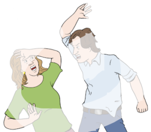 Ein wütender Mann steht vorgebeugt über einer ängstlichen Frau. Beide haben eine helle Hautfarbe. Der Mann hebt die Hand. Die Frau hebt abwehrend die eine Hand an den Kopf und die andere vor sich.