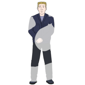 Eine Person in Uniform steht breitbeinig mit vor sich überkreuzten Händen.