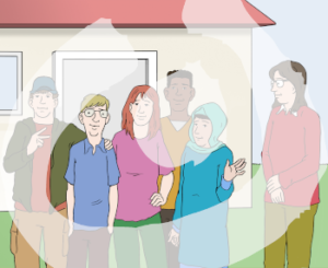 Eine Gruppe Jugendlicher steht vor einem Haus. Daneben steht eine erwachsene Person.