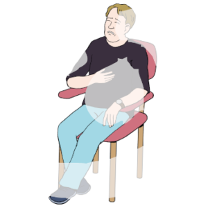 Eine Person sitzt auf einem Stuhl und guckt schmerzverzerrt. Sie hält eine Hand auf ihrem Bauch.