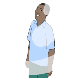 Ein Mann mit dunkler Hautfarbe guckt fröhlich.