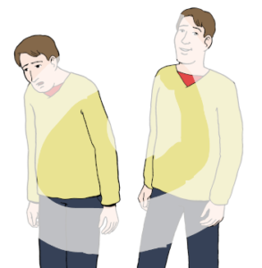 Eine traurige Person steht mit gebeugtem Rücken. Dahinter steht sie nochmal. Sie schaut fröhlich und steht aufrecht.