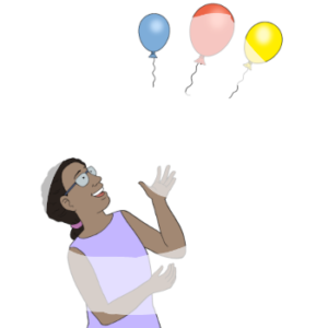 Eine Person streckt eine Hand in die Luft und guckt nach oben. Über ihr sind drei Luftballons.