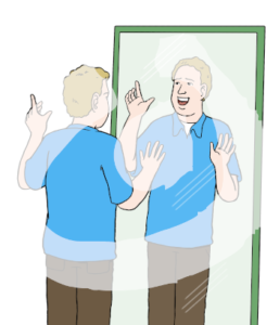 Eine fröhliche Person steht vor einem Ganzkörperspiegel und hält die Hände hoch.