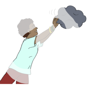 Eine Person drückt mit beiden Händen eine dunkle Wolke von sich weg.