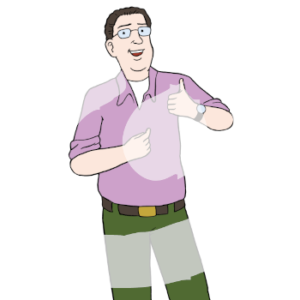 Ein fröhlicher Mann zeigt mit einem Finger auf sich und streckt mit der anderen Hand einen Daumen nach oben.