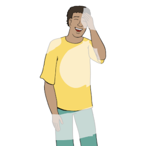 Eine lachende Person fässt sich an den Kopf.