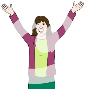 Eine fröhliche Person streckt beide Hände in die Luft.