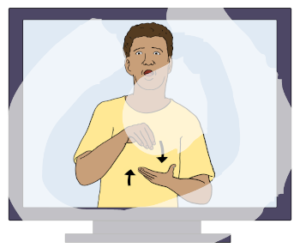 Eine Person auf einem Bildschirm gebärdet etwas.