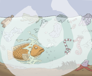 Im Meer schwimmt Müll. Plastiktüten, Strohhalm, Flaschen. Dazwischen sind ein Seepferdchen und ein Fisch.