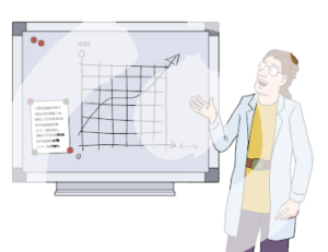 Eine Person steht vor einer Tafel und zeigt darauf. Auf der Tafel ist ein Graf.