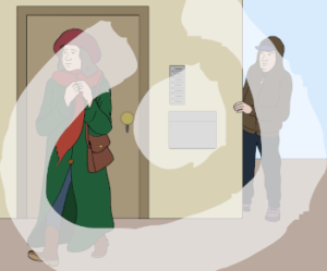 Eine Person läuft. Hinter ihr steht eine andere Person in Kappe und Kapuzenpullover hinter einer Hauswand und guckt ihr um die Ecke hinterher.