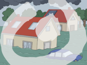 Zwei Häuser sind bis zu den Fenstern unter Wasser. Ein Auto schwimmt. Graue Wolken am Himmel.