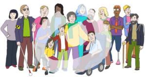 Eine Gruppe an unterschiedlichen Menschen. Zum Beispiel: eine Person sitzt im Rollstuhl, eine Person hat eine Sehbehindertenbinde und einen Langstock, eine Person hat eine helle Hautfarbe, eine Person hat eine Beinprothese, eine Person ist asiatisch gelesen, eine andere hat einen Sauerstoffschlauch.