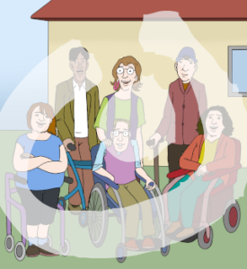 Eine Gruppe von Menschen steht vor einem Haus. Zwei Personen sitzen im Rollstuhl. Zwei haben einen Gehwagen.