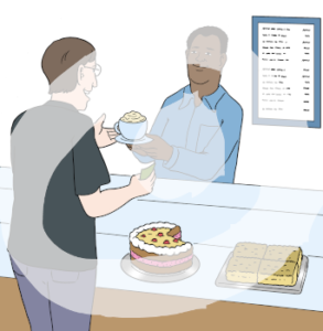 Eine Person steht hinter einem Tresen mit Kuchen und reicht der Person vor dem Tresen eine Tasse.