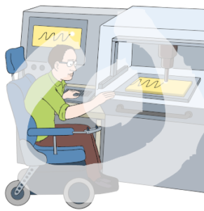 Eine Person sitzt im Rollstuhl vor einer großen Maschine. Auf der einen Seite ist ein Bildschirm mit einer wellenförmigen Abbildung. Auf der anderen Seite ist ein Stück Material in das die wellenförmige Abbildung zu sehen ist. Darüber hängt ein Laser.