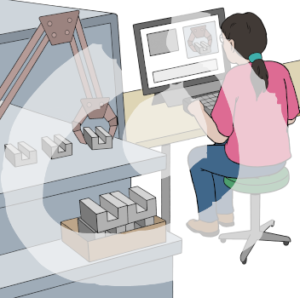 Eine Person sitzt vor einem Bildschirm. Darauf ist ein Greifarm mit einem Stück Metall. Neben dem Bildschirm ist eine Maschine. In der Maschine ist der Greifarm und eine Reihe mit Metallstücken.