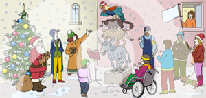 In der Mitte stehen die Bremer Stadtmusikanten vor einem Notenpult. Links steht ein Weihnachtsmann vor einem Weihnachtsbaum, daneben drei weitere Personen. Rechts eine Person im Rollstuhl, daneben eine Person mit Sehbehindertenbinde und Langstock. Drei weitere Personen applaudieren. Eine Person steht mit weißer Fahne in einem Fenster.