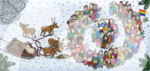 Eine Gruppe unterschiedlicher Menschen steht auf einer schneebedeckten Fläche. Sie stehen so, dass sie das Lebenshilfelogo bilden. Daneben ist ein Schlitten und vier Rentiere.