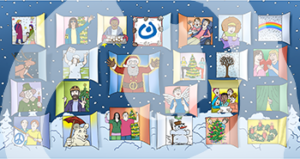 Ein Hintergrund mit Schnee und einem Sternenhimmel. Davor 24 kleine Türen mit unterschiedlichen Motiven. Z.B. das Lebenshilfelogo, ein Weihnachtsmann, ein Regenbogen, eine Person mit Sehbehindertenbinde vor einem Weihnachtsbaum.