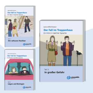 Alle drei Titelbilder einzeln für jeden Teil vom Krimi: Der Fall im Treppenhaus. Ein Krimi in Leichter Sprache.