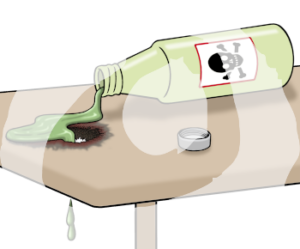 Aus einer Flasche mit Totenkopfsiegel fließt eine grüne Flüssigkeit auf einen Tisch. Durch die Flüssigkeit entsteht ein Loch im Tisch.