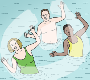 Drei Personen stehen bis zur Hüfte im Wasser. Sie haben die Hände gehoben und dehnen sich leicht zur Seite.