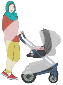 Eine Frau mit Hijab schiebt einen Kinderwagen.