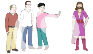 Drei Personen stehen zusammen. Eine dieser Personen streckt die Hand weg und hält diese in Richtung einer Person mit Kleid, Schmuck und einem Bart.