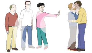 Drei Personen stehen zusammen. Eine dieser Personen streckt die Hand weg und hält diese in Richtung von zwei sich küssenden Männern.