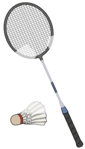 Ein Badmintonschläger, daneben ein Badmintonball.