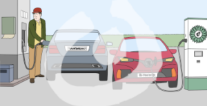 Eine Person steht neben einer Zapfsäule und hält ein Zapfhahn in sein Auto. Daneben steht ein Auto an einer anderen Säule. Auf der Säule ist ein E abgebildet. Das Auto ist eingesteckt.