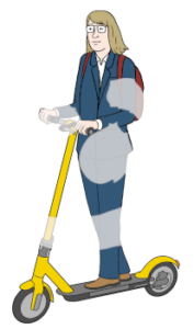 Eine Person steht auf einem Roller.