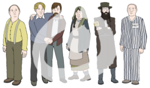 Sechs Menschen in unterschiedlicher Kleidung stehen nebeneinander. Die erste Person hat eine Hose mit Hosenträgern und ein Hemd an. Die beiden Männer daneben haben die Arme umeinander gelegt. Die vierte Person trägt ein Kleid mit Schürze und ein Kopftuch. Die fünfte Person trägt einen langen Mantel mit einer Armbinde. Darauf ist ein Judenstern. Die sechste Person hat eine gestreifte Hose und ein gestreiftes Hemd mit einer Zahlenreihe an.