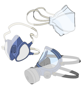 Drei unterschiedliche Masken. Eine Einwegmaske, eine Maske für Mund und Nase, eine Maske für Mund, Nase und Augen.