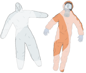 Zwei Ganzkörperschutzanzüge. Beide haben lange Arme, lange Beine und eine Kapuze. Einer hat außerdem noch Handschuhe und eine Atemschutzmaske.