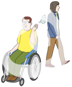 Eine Person wirft eine Verpackung hinter sich. Hinter der Person läuft eine andere Person.