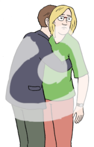 Eine Person wird von einer anderen Person umarmt. Die Arme der umarmten Person hängen zur Seite und sie dreht sich weg.