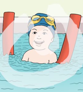 Ein Kind mit Schwimmnudel, Badekappe und Schwimmbrille ist bis zur Brust im Wasser.