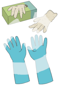 Ein Paar lange Latexhandschuhe und eine Box mit kurzen Latexhandschuhen.