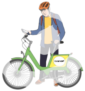 Eine Person mit Fahrradhelm steht am Fahrrad. Sie hält in der einen Hand ein Handy und mit der anderen Hand ihr Fahrrad fest. Am Fahrrad ist ein Logo.